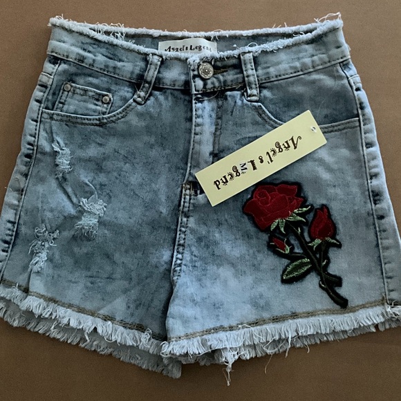 Pants - Women's Light Blue Denim Shorts with Red Rose Patch